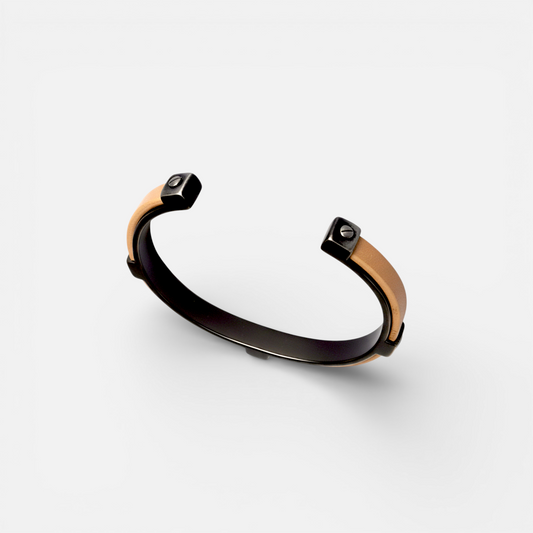 Terra Leather – Bracelet jonc acier vieilli cuir naturel