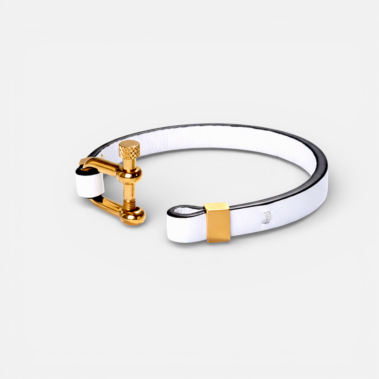Aura Gold Link – Bracelet cuir italien blanc acier doré