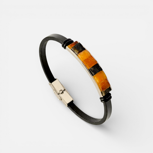 Terra Amber – Bracelet cuir noir ambre cognac acier inoxydable