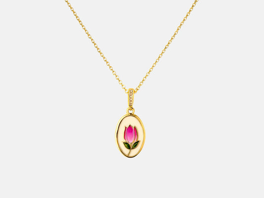 Aura Blossom – Collier doré médaillon tulipe émaillée