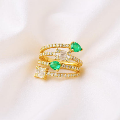 Éclat Shine – Bague ajustable acier doré zirconiums vert & blanc