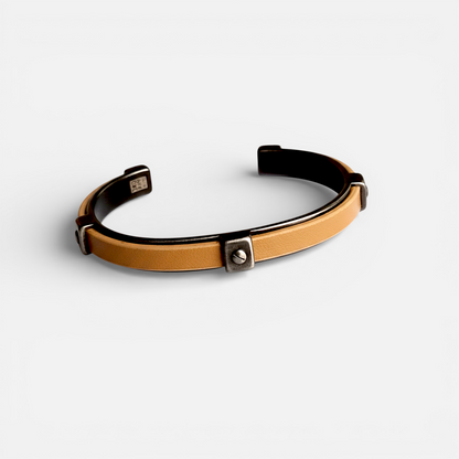 Terra Leather – Bracelet jonc acier vieilli cuir naturel