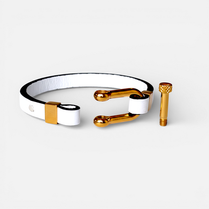 Aura Gold Link – Bracelet cuir italien blanc acier doré
