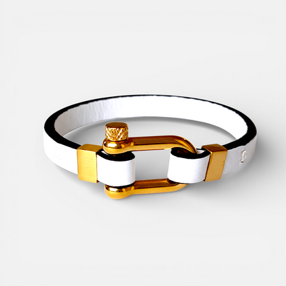 Aura Gold Link – Bracelet cuir italien blanc acier doré
