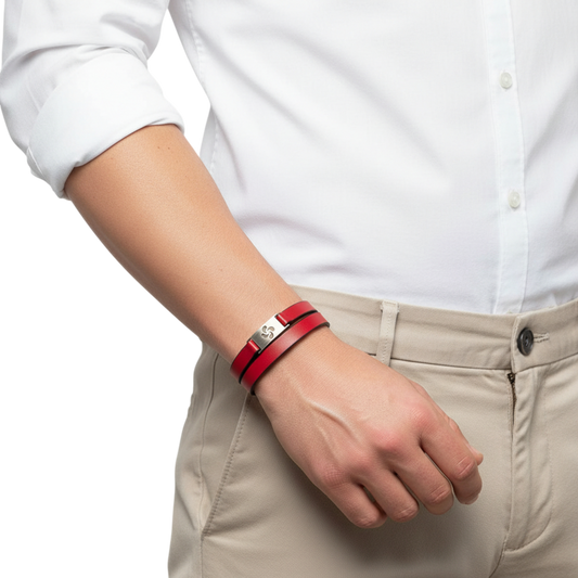 Terra Cross – Bracelet double tour cuir rouge plaque Croix Basque acier vieilli