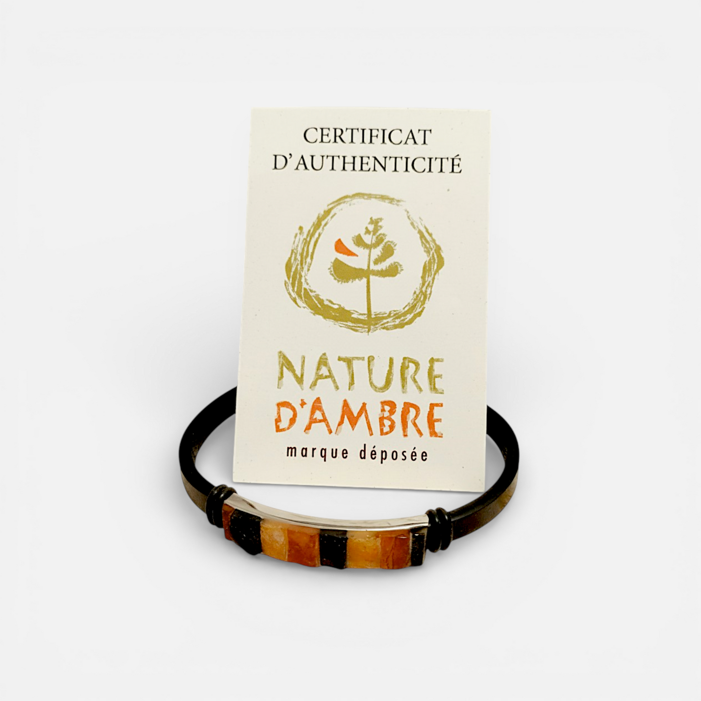Terra Amber – Bracelet cuir noir ambre cognac acier inoxydable