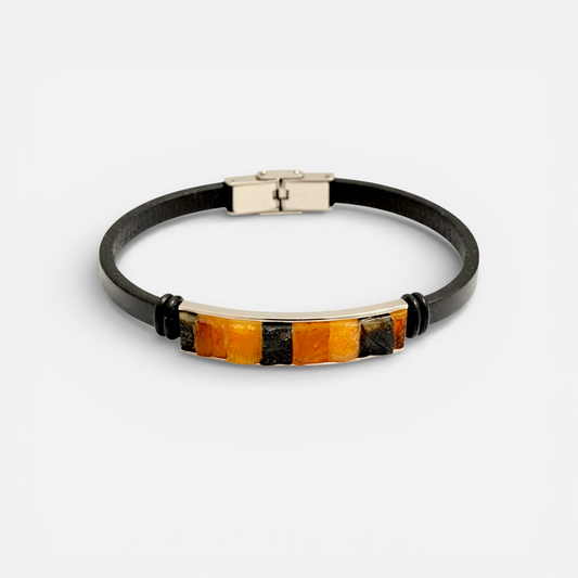 Terra Amber – Bracelet cuir noir ambre cognac acier inoxydable