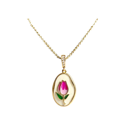 Chaîne dorée avec pendentif fleur en émail