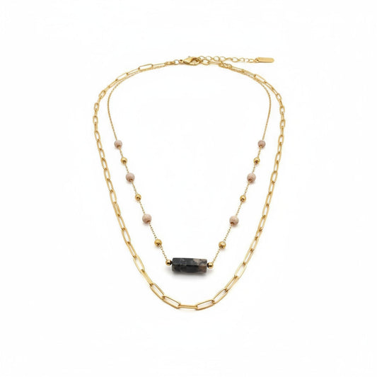 Collier acier inoxydable doré – Rhodonite naturelle