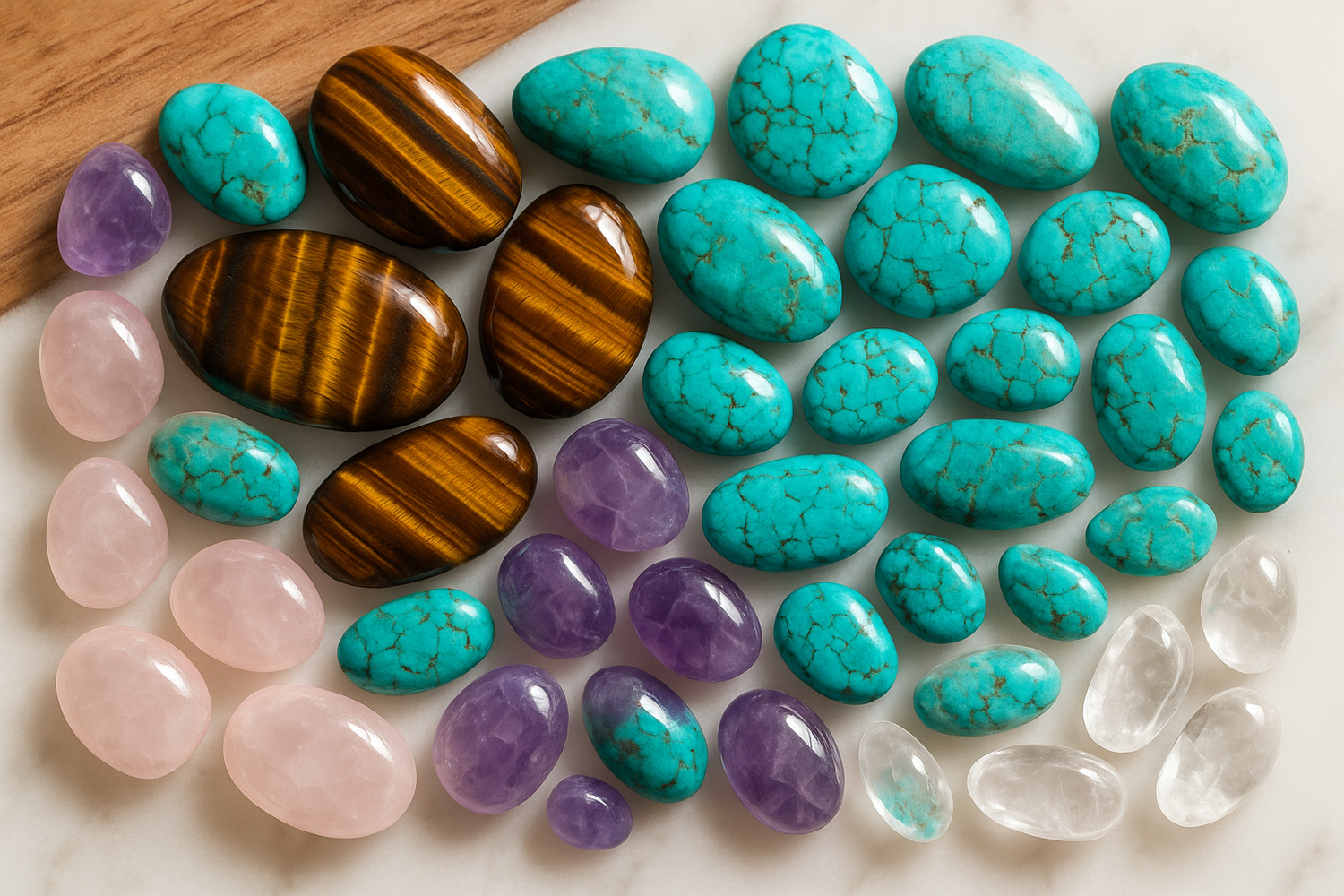 génére une belle image avec des pierres naturelle oeil de tigre pierre naturelles turquoise etc