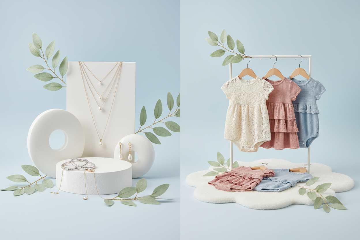 gènère une belle image à gauche avec un blanc des bijoux inspiré de ce que je vends et à gauche des vétements bébé et enfants sur un fond bleu pastel avec des feuilles de branche en décoration