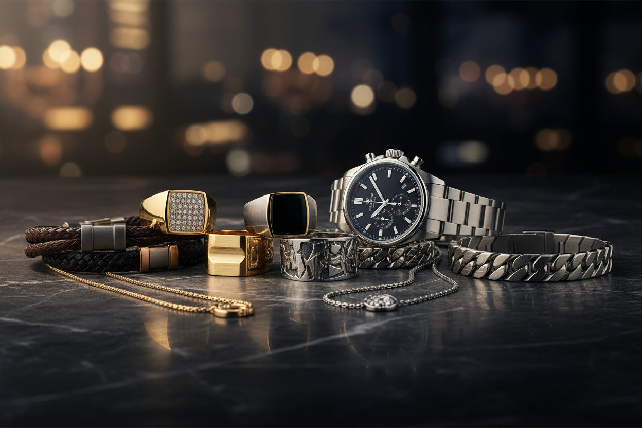 génére une belle sophistiqué et lumineuse pour ma bannière collection bijou homme