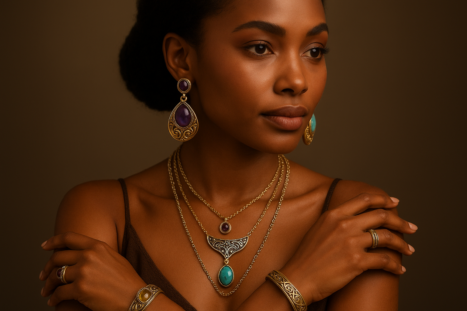génère une image pour femme avec des bijoux femmes avec une mélange de style africain et européen, plaque or pierre naturelle, argent 
